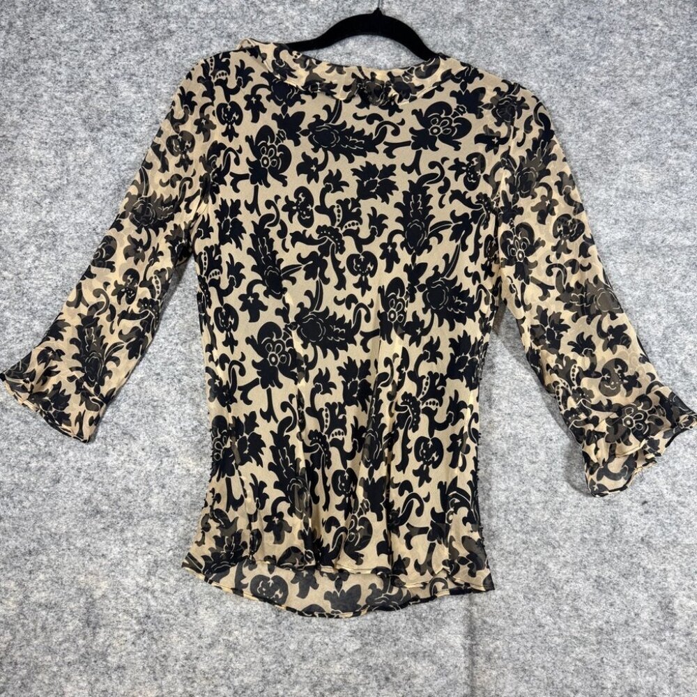 Y2K 2000s Beige Black Silk Burnout Floral Blouse Size S Sheer Indie Ethereal - Picture 12 of 16